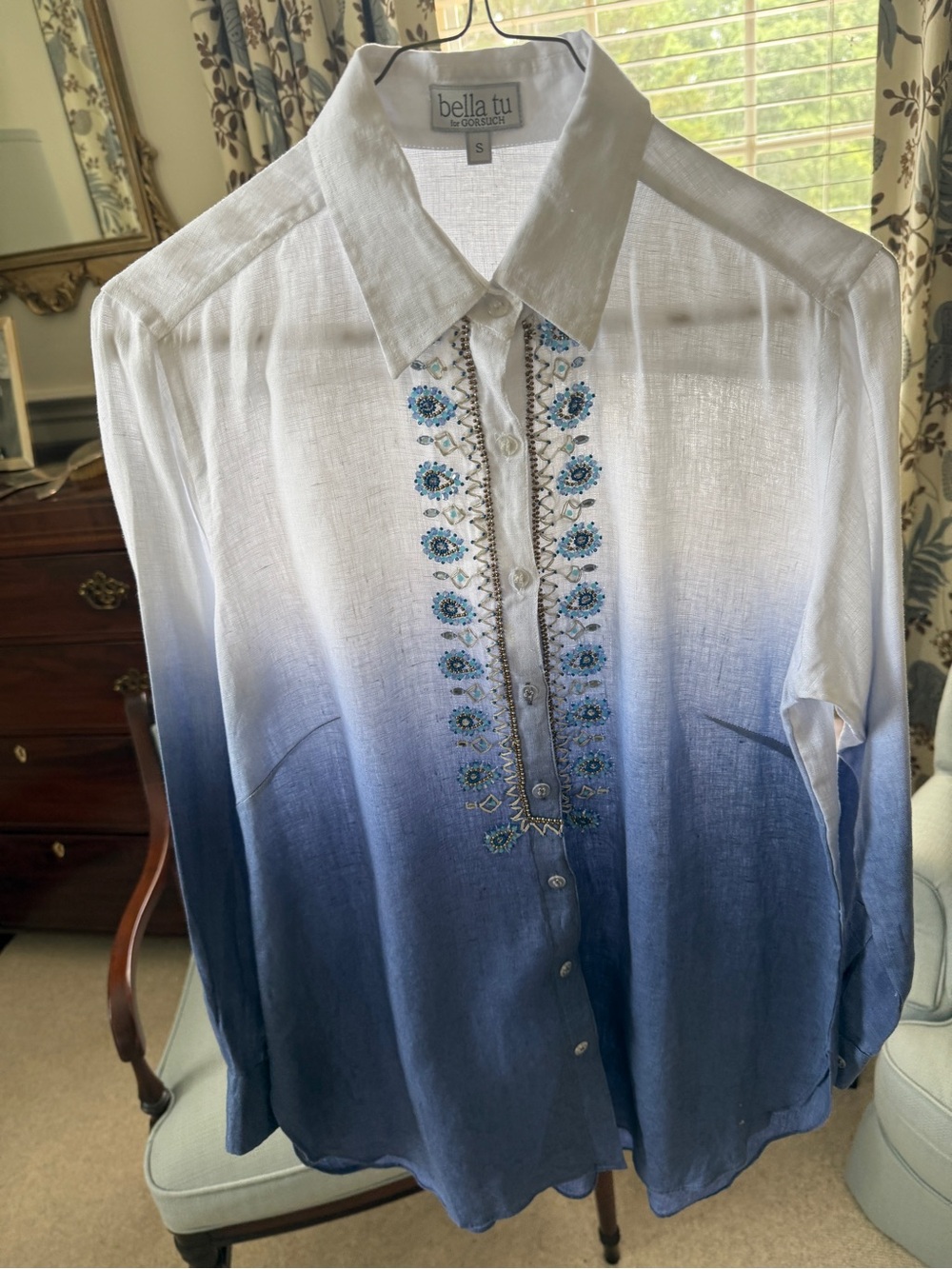 GORSUCH Bella Tu Beaded Ombre Blue Embroidered Button-Down Linen Shirt